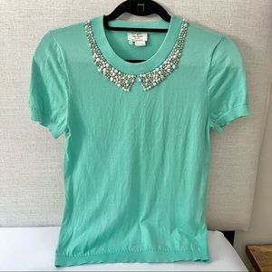 Kate Spade Pearl & Crystal Beaded Collar Teal Sweatshirt Top - Size M